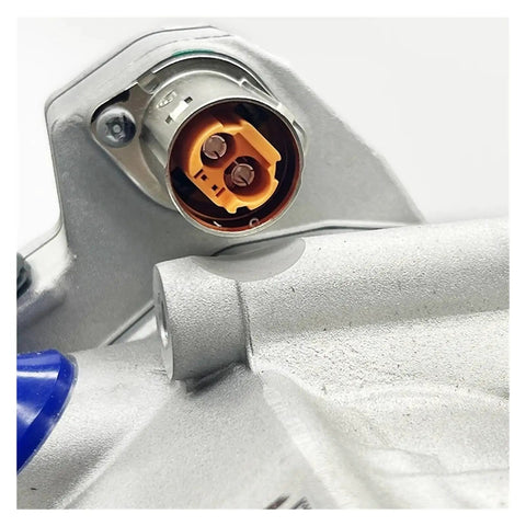Connectors of Heavy Gauge Electric AC Compressor Built For Mercedes Benz Smart ForTwo Genie showing aluminum detail.
