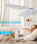 Woman resting under 56 Inch Ceiling Fan With Lights Remote Control Dimmable LED Light Reversible DC Motor Indoor Outdoor White Ceiling Fan