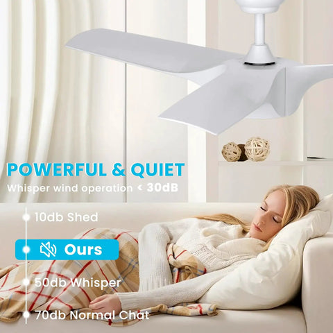 Woman resting under 56 Inch Ceiling Fan With Lights Remote Control Dimmable LED Light Reversible DC Motor Indoor Outdoor White Ceiling Fan