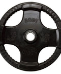 Heavy Duty Rubber Coated Olympic Weight Plate 45 Pounds front view showing secure grip and cast iron core for strength training.