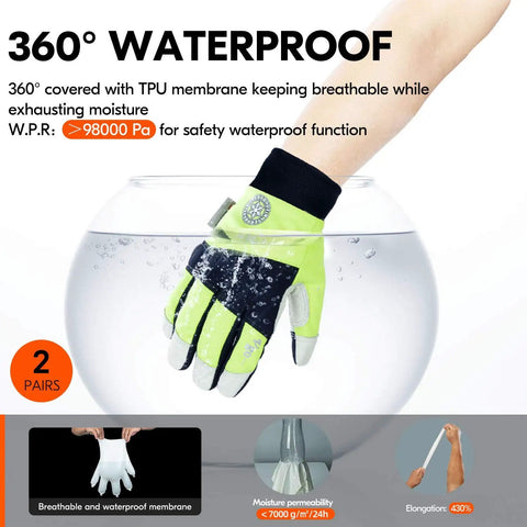 Winter Lined Premium Pigskin Leather Waterproof Work Gloves Two Pairs submerged in water demonstrating waterproof feature.