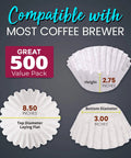 Large 8 To 10 Cup Coffee Filters Decanter Style White Disposable Eco Friendly Commercial Paper Basket Perfect For Home Cafes Restaurants And Offices Use In Most Decanter Brewers showing dimensions and 500 pack compatibility.