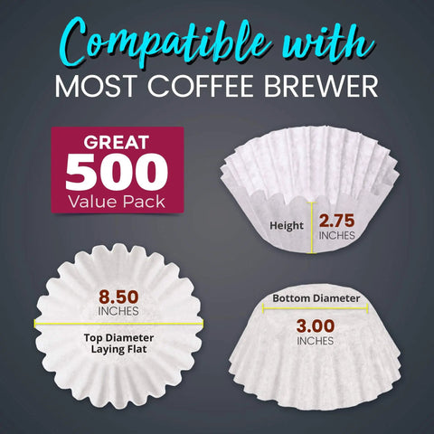 Large 8 To 10 Cup Coffee Filters Decanter Style White Disposable Eco Friendly Commercial Paper Basket Perfect For Home Cafes Restaurants And Offices Use In Most Decanter Brewers showing dimensions and 500 pack compatibility.