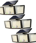 Solar Outdoor Lights Motion Sensor, 2500LM 286 LED Security Flood Lights with Visual Battery & Mode Display, 3 Lighting Modes, IP65 Waterproof 3-Head Wide Angle for Garage, Yard, Patio (3 Pack) angled view with solar panels and multiple light heads.