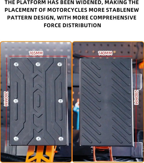 Heavy Duty Dirt Bike Stand With Tool Trays, 660 Lb Capacity, Hydraulic Lift, Damping Adjustable Height platform width comparison