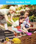 Family using 16 Inch Kids Beach Shovel Set Of 3 Durable Wood Handle ABS Plastic Sand Snow Garden Shovels in a garden setting