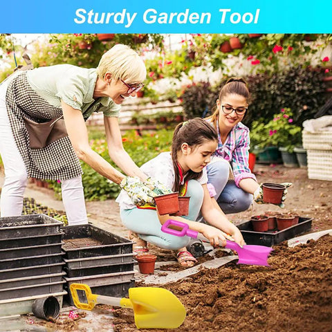 Family using 16 Inch Kids Beach Shovel Set Of 3 Durable Wood Handle ABS Plastic Sand Snow Garden Shovels in a garden setting
