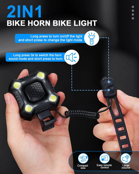 Hand holding 2 In 1 Bike Horn With Headlight 118dB Loud Bicycle Bell USB C Rechargeable Three Light Modes IP65 Waterproof DIY