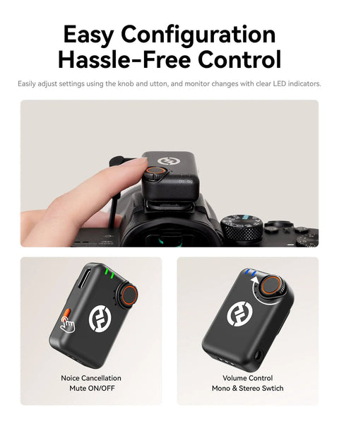 M2S Lark M2S Wireless Microphone Bundle For iPhone Camera Android And PC on camera with easy control buttons visible