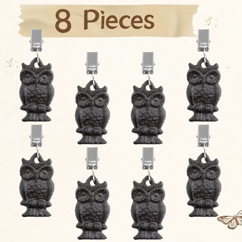 Owl Shaped Cast Iron Tablecloth Weights Set Of Eight, heavy duty clip on weights with stainless steel clamps and waterproof finish.