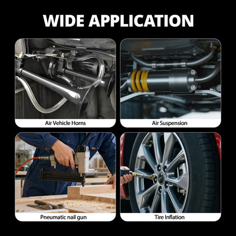 Heavy Duty 200 Psi Onboard Air Compressor For Cars And Trucks, showing applications for air horns, suspension, nail gun, and tire inflation.
