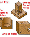 Illustration of wood with smooth pocket, flat bottom, and angled holes made by 16 Piece Forstner Bit Set With High Carbon Steel Bits