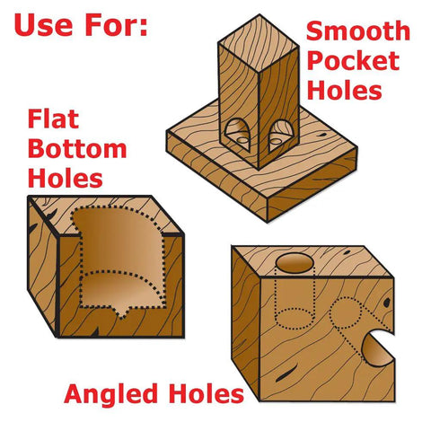 Illustration of wood with smooth pocket, flat bottom, and angled holes made by 16 Piece Forstner Bit Set With High Carbon Steel Bits