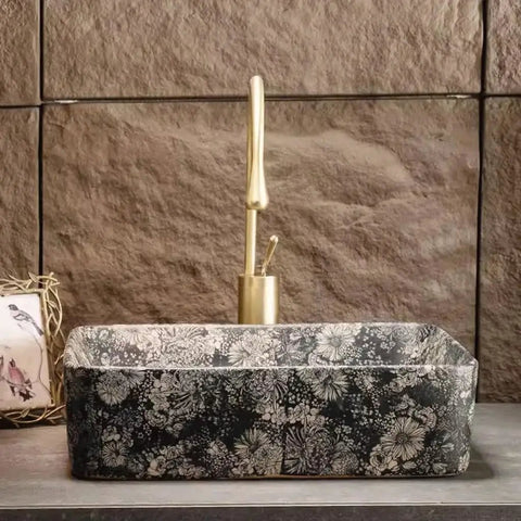 UMJIGF Vessel Sink Outdoor Courtyard Retro Ceramic Table Basin Wash Basin Bathroom Wash Basin Single Basin Home Balcony Basin with floral design.