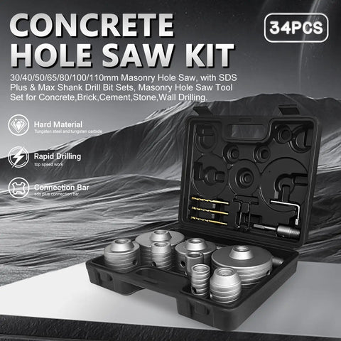 Pro-Grade 34-Piece Concrete Hole Saw Kit With 30 To 110mm Tungsten Carbide Masonry Bits displayed in open case