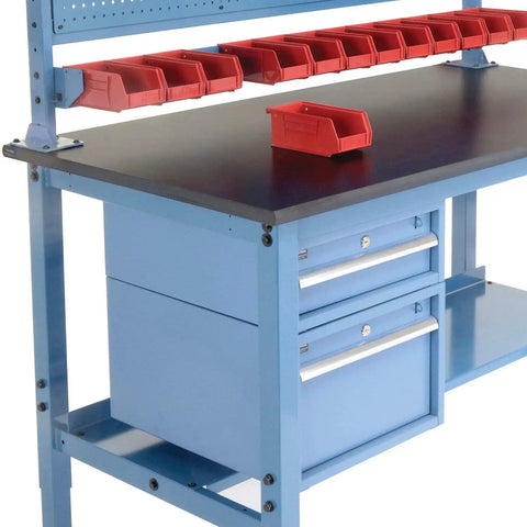 Hardcore Heavy Duty Workbench 60X36 Inches With Adjustable Steel Legs And Tough Phenolic Resin Safety Edge showing tool drawers and red storage bins.