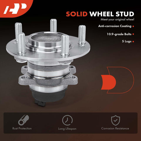 Two Pack Rear Wheel Bearing And Hub Assemblies With ABS And 5 Lug For Kia Forte 2010 To 2013 Including Forte Koup And Forte5 2012 To 2013, High Load Capacity Ball Bearings For Smooth Ride And Easy Installation, shown with anti-corrosion coating and 5 lugs