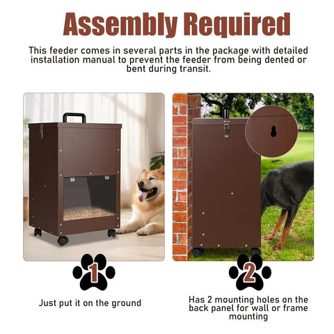 Real Deal Automatic Gravity Dog Feeder With Smooth Rolling Wheels For Large Breed Puppers, Self Refilling Bulk Kibble Dispenser with assembly details.