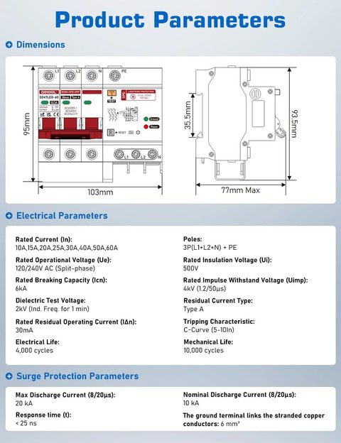 Heavy Duty 60 Amp Din Rail Rcbo With Slick Spd Surge Protector And Class A 30 Ma Gfci Breaker To Keep Your Ev Setup Bulletproof Against Dangerous Overloads dimensions and electrical parameters diagram.