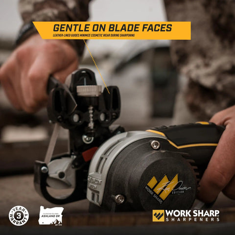 Pro Grade Adjustable Knife Sharpening System For Knives Scissors Serrated Blades And Tools Delivers Boss Level Edges And Consistent Results With Easy To Use Versatile Setup For Home Kitchen Workshop And Outdoor Use in action with hands adjusting the device.