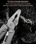 Close-up of 15 In 1 Multitool Pliers With Spring Loaded Head And Thick Hardened Steel Build showing needle nose pliers in use.