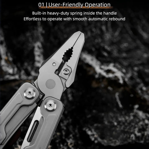 Close-up of 15 In 1 Multitool Pliers With Spring Loaded Head And Thick Hardened Steel Build showing needle nose pliers in use.