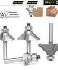 Top Shelf 4 Piece Bearing Guided Router Bit Set For Knockout Cabinet Millwork And Furniture Trimming Featuring Crisp Ovollo Profiles and Slick Double Ribbed Edges, close-up of router bits.