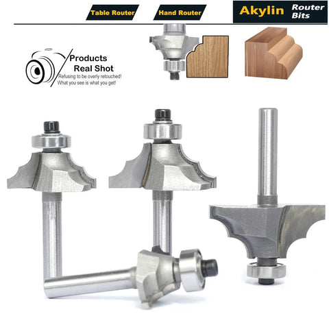 Top Shelf 4 Piece Bearing Guided Router Bit Set For Knockout Cabinet Millwork And Furniture Trimming Featuring Crisp Ovollo Profiles and Slick Double Ribbed Edges, close-up of router bits.