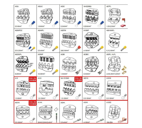 Diagram of various insulated tube terminal connectors and their specifications for 0.5 To 0.6 Mpa Pneumatic Crimping Machine.