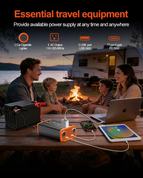 Family enjoying camping with Hella Reliable 1000W Heavy Duty Car Power Inverter Switches 12V Dc Straight To 120V Ac charging devices.