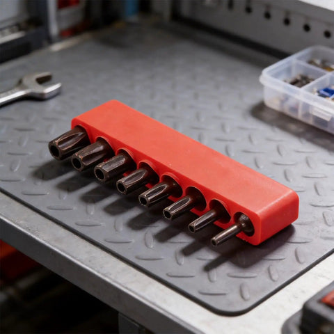 Awesome 8-Piece Torx Security Bit Set With Hardened Steel TS8 To TS40 Sizes For Power Drills Auto And Electronics Repair At 1-Inch Length To Handle Heavy Duty Jobs Without Slipping Or Stripping Threads. 8-piece hardened steel Torx security bits in red holder