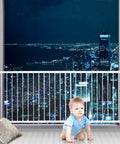 Kids Window Safety Guard, Adjustable 61.4 To 86.6 Inch Wide Interior Bar Gate in white with child in front