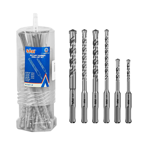 Front view of SALI 10-piece SDS-Plus rotary hammer drill bit set with carbide bits in a plastic case