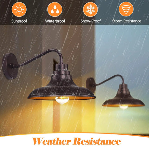 Outdoor Barn Light Fixture 2 Pack Gooseneck Wall Lanterns Oil Rubbed Bronze showing weather resistance in rain and storm