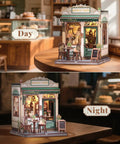 Sunny Cafe Book Nook Kit DIY Cozy Miniature House with LED light, day and night display, dollhouse scene on a wooden table