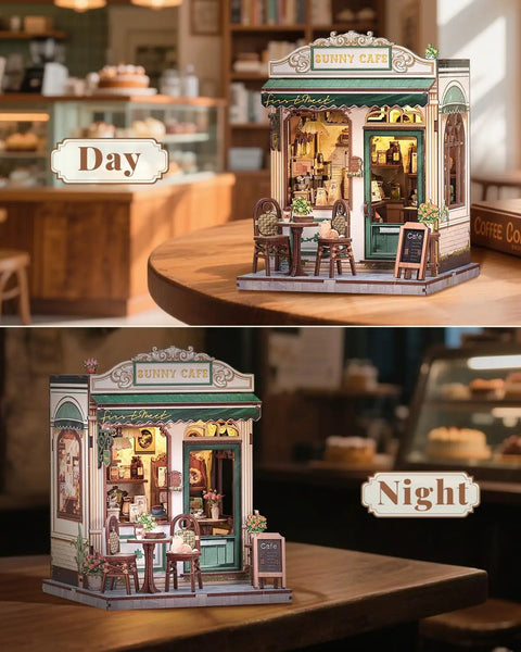 Sunny Cafe Book Nook Kit DIY Cozy Miniature House with LED light, day and night display, dollhouse scene on a wooden table