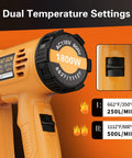 Go-To Heavy Duty 1800W Heat Gun Kit With Dual Temperature 662F And 1112F, shown with settings and power details.