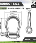 50 Pack 1/4 Inch D Ring Shackles Built Like A Tank 304 Stainless Steel Rigging Hardware for measuring size and dimensions.