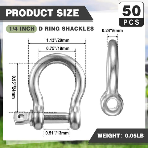 50 Pack 1/4 Inch D Ring Shackles Built Like A Tank 304 Stainless Steel Rigging Hardware for measuring size and dimensions.