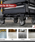 Beefy 4 Inch Heavy Duty Caster Wheels Set Of Eight With Rock Solid Swivel Locking Foot Pedals on various floor types.