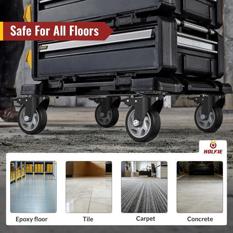Beefy 4 Inch Heavy Duty Caster Wheels Set Of Eight With Rock Solid Swivel Locking Foot Pedals on various floor types.