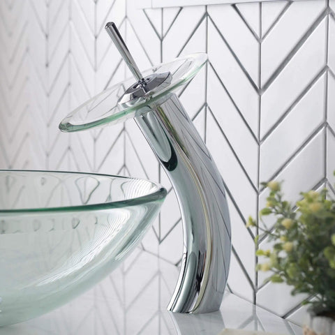 Tall Waterfall Vessel Sink Bathroom Faucet with Glass Disk in Chrome Finish beside vessel sink in modern bathroom.