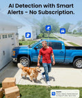 Man walking a dog near a truck parked in a driveway, with boxes nearby, illustrating AI detection with smart alerts and no subscription.