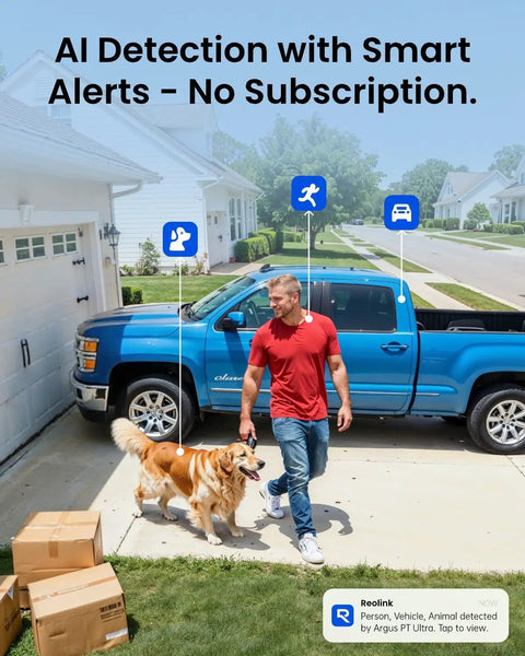 Man walking a dog near a truck parked in a driveway, with boxes nearby, illustrating AI detection with smart alerts and no subscription.
