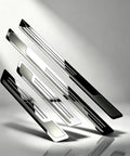 Rock Solid Stainless Steel Door Sill Guards For Tesla Cybertruck 2023 2025 Premium Brushed Scuff Plate angled display on a white background.
