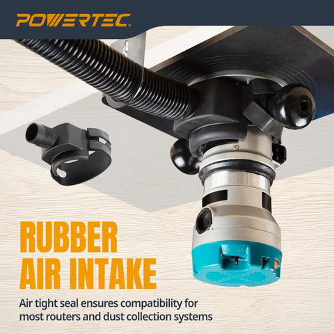Router Table Dust Collection Fittings Kit With Y Fittings And Hoses For An Air Tight Seal And Universal Fit, installed on a router.
