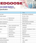 Specifications table for REDGOOSE Micro Limit Switch including electrical ratings and operating conditions.
