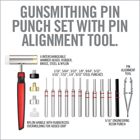 Gunsmithing hammer and punch set with interchangeable steel, brass, nylon, rubber heads; various punch sizes displayed.