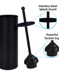 Heavy Duty Toilet Plunger With Sleek Floor Holder showing matte black finish, stainless steel splash guard, and strong suction cup.