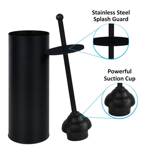 Heavy Duty Toilet Plunger With Sleek Floor Holder showing matte black finish, stainless steel splash guard, and strong suction cup.
